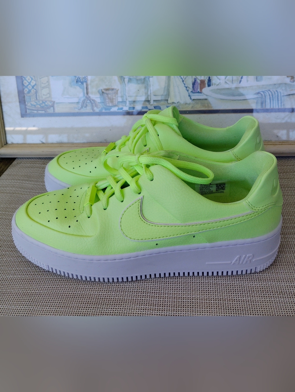 Nike "Air Force 1" Sage Low Barely Volt Leather/White Platform Sneakers. Size 10
